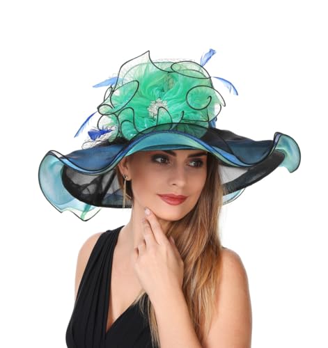 SAFERIN Derby Hat for Women Organza Fascinator Tea Party Wedding Church Dress Hats (US, Alpha, Medium, 4571-Green Black)