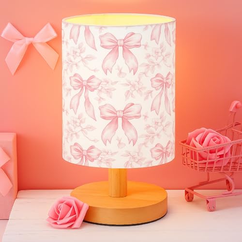 Image of VIHOSE Floral Bow Kids Table Lamp for Bedroom Kids Bedside Lamp with Linen Wooden Nightstand Cartoon Nursery Lampshade for Girls Boys Living Room