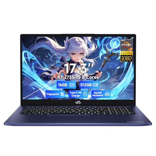 Nimo 17.3" FHD IPS Laptop, Ryzen 7 7735HS(8-Core, Beats i7-12650H) 16GB DDR5 RAM 512GB SSD, Backlit Keyboard Fingerprint Reader 
