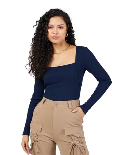 Image of sassafras Women's Slim Fit Full Sleeves Rib Square Neck Ribbed Basics - Casual Ribbed T-Shirt Tops