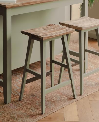 Image of Florence Sage Green Breakfast Bar Stool, Acacia Hardwood Square Seat, Tapered Wooden Legs | W43 H65 D33cm | Ready Assembled Backless Barstool | Kitchen Island Counter, Chair, Dining (sage green)
