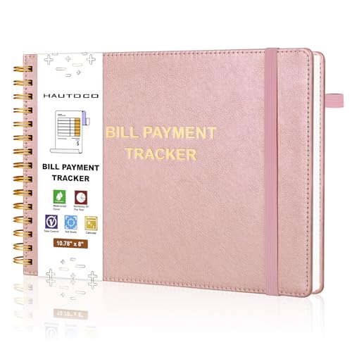 HAUTOCO Hardcover Bill Tracker Notebook Horizontal Monthly Bill Payment Organizer for Personal Budgeting Home Finance with 2 Storage Pocket Expense Checklist Tracking Planner 10.78 x 8'', Rose Gold