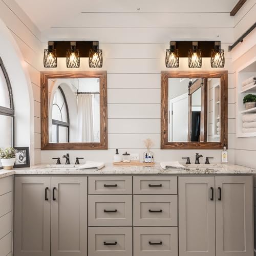 Image of Farmhouse Bathroom Vanity Light, 3-Light Wood Bathroom Light Fixtures Over Mirror, Black Industrial Vanity Lights with Metal Shade, Rustic Bathroom Lighting for Bedroom Living Room Hallway
