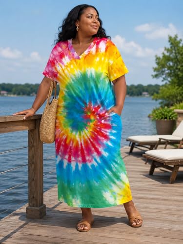 Image of SUZONANA Women Casual T-Shirt Dress V Neck Short Sleeve Solid Color Oversize Dress with Front Two Pockets