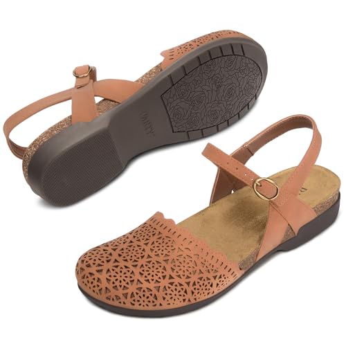 Image of PARTY Closed Toe Sandals Women, Barefoot Arch Support Flat Sandals for Office Work and Travel with Comfortable Cork Footbed
