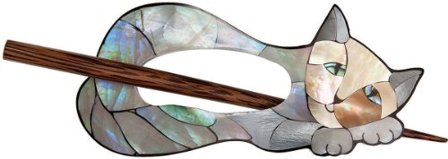 Paradise Exotic Shawl Pin Inlaid Mother of Pearl Shawl Pin, Cat