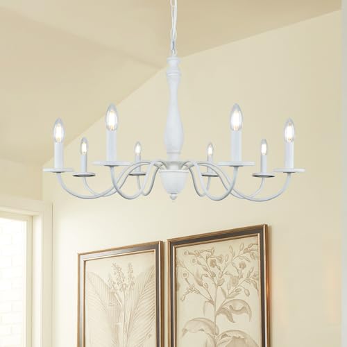 KMaiPem Blanco Vintage Lampara Techo Dormitorio, 8 Luces Tradicional Francés Lampara Techo Colgante, Altura Regulable Moderno Casa Rural Rustica Lámpara de Techo para Salon, Comedor, Pasillo