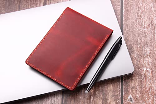 Fasjosma Leather Cover For 3.5”X5.5” Top Spiral Notebook, Handmade Leather Notebook Cover Compatible With Rocketbook Mini Size, Small Pocket Size Memo Notepads Holder With Business Card Holder-Wine #TOP5