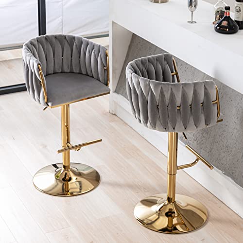 Duomay Modern Swivel Bar Stools Set Of 4, Velvet Adjustable Height Barstool With Barrel Back Kitchen Island Counter Bar Chair With Golden Base, Grey #TOP3