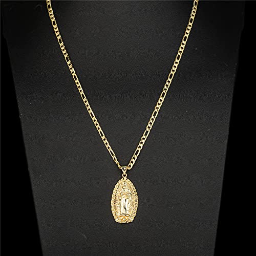 kelistom 14K Gold Plated Guadalupe Virgin Mary Oval Pendant Necklace for Women Men 3mm Flat Figaro Chain Necklace 18/22 inches4