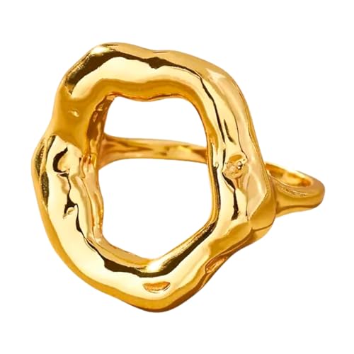 GOLDENCAT Anillo Luna Llena Talla 7, Dorado Con Forma de Luna, Acero Inoxidable Círculo Irregular, Diámetro Interno 17 mm, Baño Oro 18k