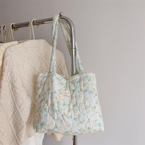 Image of Floral Quilted Cotton Shoulder Bag for Women Medium Size Handbag Large Capacity Thickened Design Tote