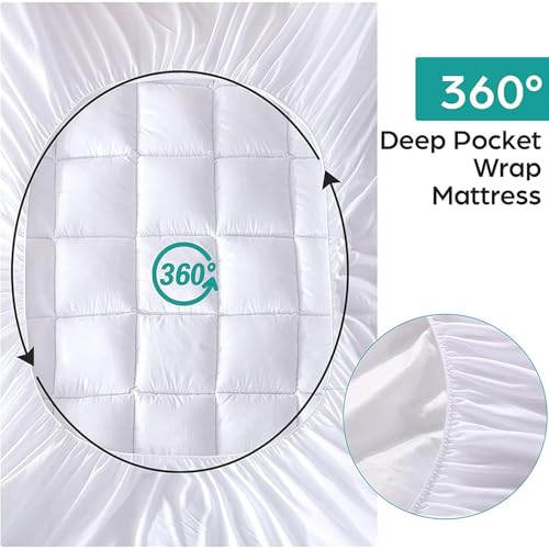 Image of WhatsBedding Waterproof Mattress Topper Twin Size Cotton Top Down Alternative Filling Pillowtop Mattress Topper Cover-Fitted Quilted
