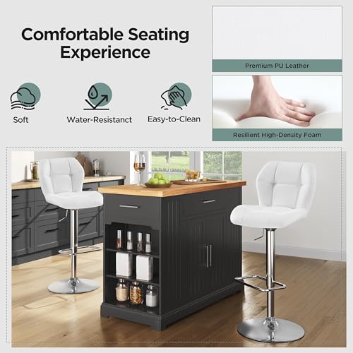 Miniatura 4 de Yaheetech Taburetes Altos De Cocina Silla Altura Ajustable Con Respaldo Y Reposapiés Taburete Cocina Piel Sintética Giratorio En 360 Blanco