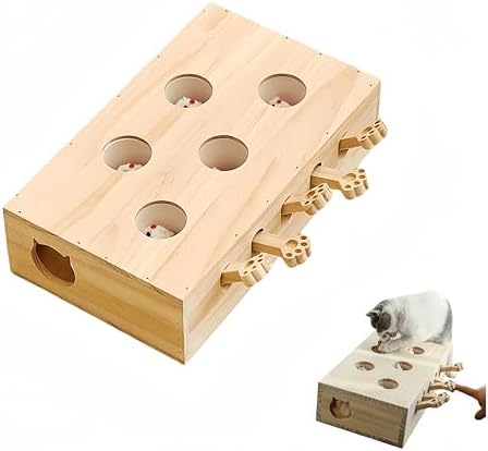 Whack-a-Mole Interactive Cat Toy,Eco-Friendly Wooden Activity Center with 5 Holes for Engaging Indoor Play & Exercise (Five Holes)