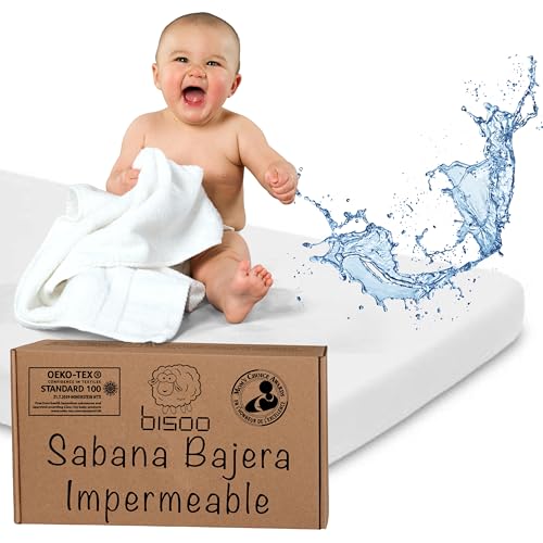 Bisoo Sábana Mágica 80x130. Bajera de algodón Jersey Impermeable y Transpirable. Ahórrate Comprar Protector aparte. Bordes generosos, Ajuste fácil. Ideal para Cuna Convertible en Cama (Blanco 130x80)