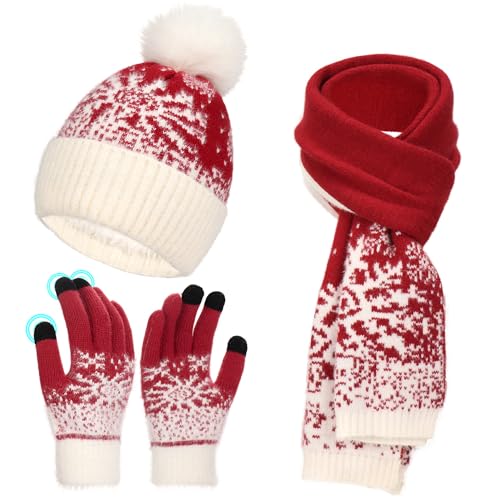 Winter Hat Scarf Gloves Set for Women Fleece Lined Knit Beanie Hat with Pom Pom Touchscreen Gloves Long Scarf