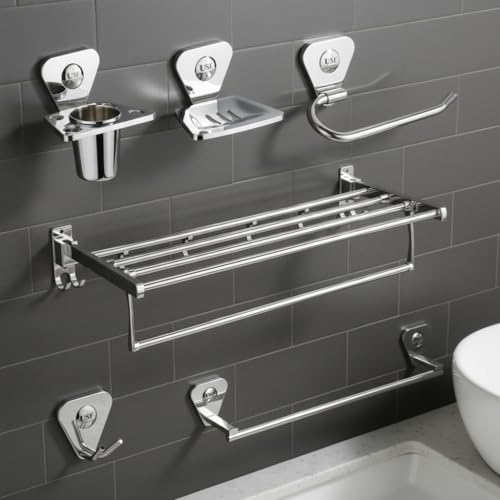 Image of USF Bath Accessories Stainless Steel Folding Towel Rack with Towel Hanger Rod, Soap Dish, Tumbler Holder, Napkin Ring, Towel Robe Hook Bathroom Accessories Combo Set of 6 Pcs