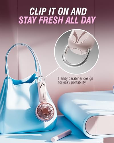 Image of SABRENT ChillyPop Mini Portable Handheld Personal Fan, Pink (HF-M2WH-RSE) | USB-C rechargeable, 3 speeds, Up to 8 hrs on low, Metal hanger included, Pocket-sized, Quiet gentle airflow, Travel & makeup