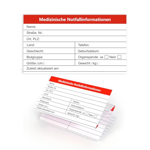 MEDMAX Notfall-Kontaktausweise für Medizinische Informationen auf Deutsch, Dreifach Faltbar mit Schutzhüllen, Notfall-Kontakt-Ausweise auf Deutsch, Medizinische Notfallkarte, 8 Stück