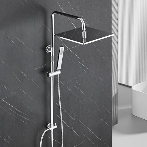 Görbach Edelstahl Regendusche Duschsystem ohne Armatur, Chrom Regendusche Set Wassersparend, Höhenverstellbare Duschstange 74–114 cm, XXL Kopfbrause 30x30cm
