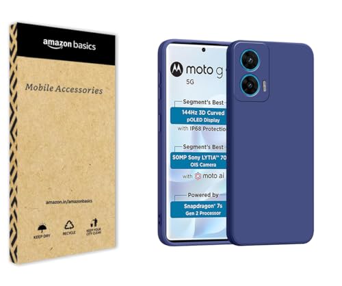 Image of amazon basics Back Cover for Moto G96 5G | Ultra Slim Soft Rubberised Case | Matte Silicone Flexible Mobile Case | Camera Protection - Blue