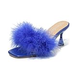 fereshte Women's Feather Heels Sandals Fluffy Fur Clear Strap Slip On Square Toe Kitten Mules Royal Blue 39 - insole length: 24.5cm/9.65 inch - US 7.5