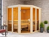 KARIBU Elementsauna Premium Nuri, 68 mm Wandstärke, Innenraum 231 x 196 x 198 cm, Innensauna für 2 4 Personen, Systembauweise mit Fensterfront, bronzierte Ganzglastür, 3 Espenholz Liegen, energiesp...