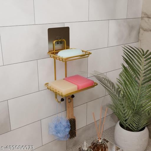 Image of S N Gold Unique Colour Wall Mounted Double Layer soap Dish Holder Stainless Steel Wall Hanging Soap Storage Rack for Kitchen Bathroom-with Self Adhesive Magic Sticker(Silver)