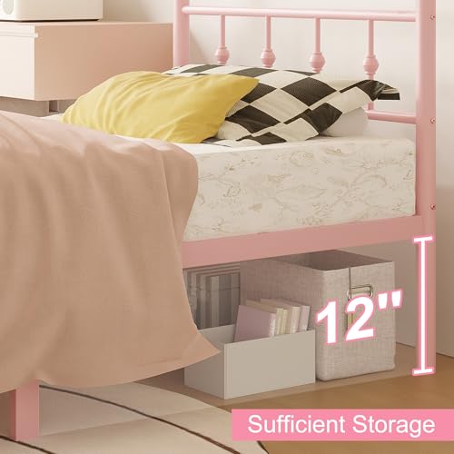 Image of Richwanone 14 inch Twin Bed Frame with Headboard and Footboard, Heavy Duty Metal Bed Frame Victorian Style, No Box Spring Needed, Easy Assembly, Pink