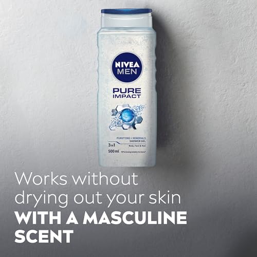 Image of NIVEA MEN Pure Impact Shower Gel, 500ml, (Hair, Face & Body Wash) (Pack of 3)