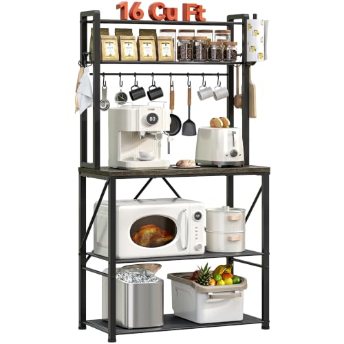 YASONIC Coffee Bar, Bakers Rack with Storage, 25.6 Inches Microwave Stand, 5 Tier Kitchen Shelves Appliance Storage, 12 S Hooks Large Coffee Station for Spices, Pots and Pans, Gray