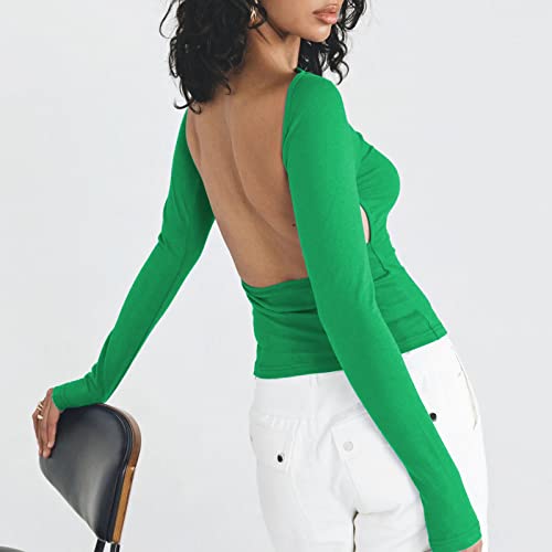 Women's Sexy Backless Long Sleeve Crop Tunic Top Crew Neck Slim Fit Solid Summer Casual Y2K Crop Tee T-Shirt Dark Green #TOP3