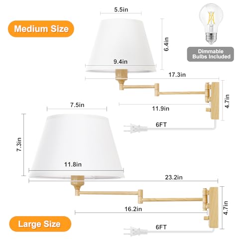 Image of TRLIFE Remote Control Dimmable Wall Sconce, Adjustable Color Temperature 2700K-6500K Brushed Brass Swing Arm Wall Lights with Plug in Cord, 11.8 inch Large White Shade(2 Pack, Oak Color)