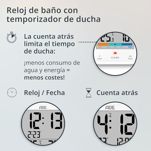 Miniatura 2 de Ade Reloj De Baño Digital Con Higrómetro Y Termómetro Resistente Al Agua Ip65 Temporizador De Ducha Gran Pantalla Lcd Función De Cuenta Atrás