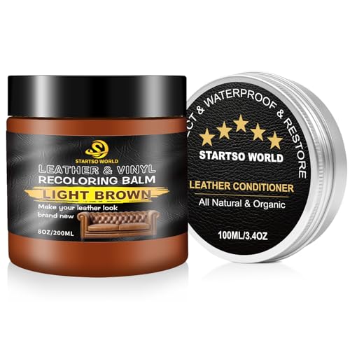STARTSO WORLD 200Ml Leather Recoloring Balm with 100ML Leather Conditioner, Light Brown Leather Repair Kit for Furniture, Leather Dye, Leather Scratch Repair, Leather Couch Paint