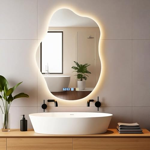 wowspeed Specchio da bagno con luci LED da parete, design a nuvola, specchio bagno con luce, antiappannamento, dimmerabile in 3 colori, LED, vetro temperato HD, specchiera intelligente, 70 x 50 cm
