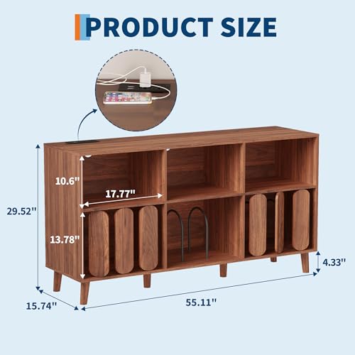 Garvee 55 in Large Record Player Stand with Charging Station - Vinyl Record Storage Cabinet with 2 USB Ports, Open Shelves & Turntable Holder, Mid-Century Modern Wood TV Media Console for Living Room by Garvee - Image 5