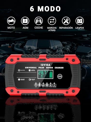 Miniatura 2 de Ryqlvot Cargador De Batería De Coche 12v 10a Cargador Baterias Coche Y Moto Con Pantalla Táctil Lcd Inteligente Y Múltiples Protecciones Cargador De Batería Para Auto Moto Camión Agm, Gel, Sla