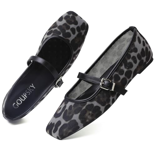 GOUPSKY Leopard Black Womens Ballet Flats Closed Square Toe Mary Jane Flats Adjustable Ankle Buckle Dressy Comfortable Slip on Flat Shoes Size 6.5