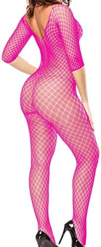 Xinkaishi Women's Fishnet Bodystocking Sleepwear Tights Lingerie Bodysuit (Rose red)
