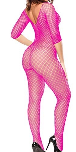 Xinkaishi Women's Fishnet Bodystocking Sleepwear Tights Lingerie Bodysuit (Rose red)