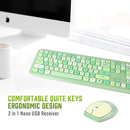 Wireless Keyboard Mouse Combo, 2.4GHz USB Green Keyboard with 112 Colorful Round Retro Style Key, Letton Cute Office Computer Keyboards Silent and Wireless Mouse Set for Mac PC Laptop