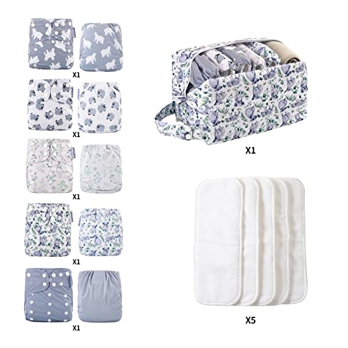 Coolapeach Baby Cloth Diapers Washable Reusable Diapers For Baby Girls, One Size Adjustable Pocket Nappy Covers 5 Pack+ 5Pcs Microfiber Inserts+ One Waterproof Bag #TOP2