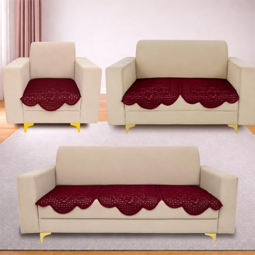 Image of Homerz Premium 'Surya Series' Sofa Cover | Stylish Sofa Protector | Net Fabric | Anti-Stain & Washable Slip Cover Exact Size Antislip (Flower Valley Maroon, 6 (3+2+1) Seater, Only Seat Cover)