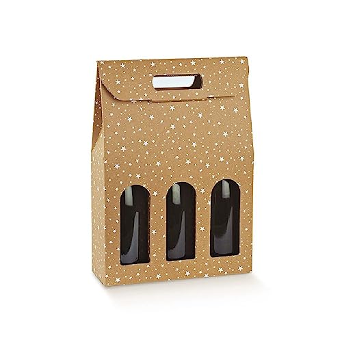 Generico Scatola PORTABOTTIGLIE da 3 posti 27x9x38.5 cm con Finestre | PORTA BOTTIGLIE 3 VANI CON MANICO MATRIMONI EVENTI SPECIALI (Beige Galaxy)