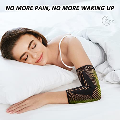 Image of Copper Elbow Brace Compression Sleeves for Pain Relief Men & Women, Arm Support Forearm Pads Braces for Tendonitis, Tennis, Golfers, Arthritis, Weightlifting (Small, Black)