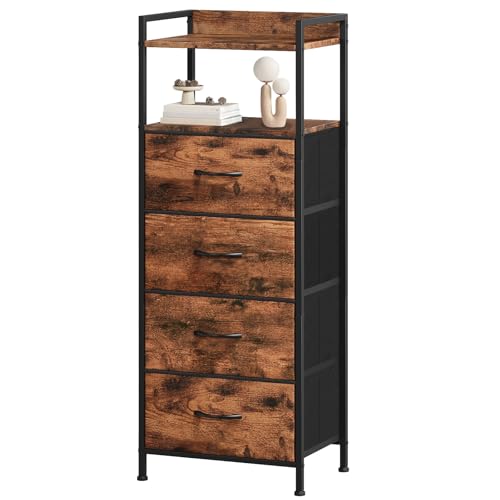 Somdot Tall Chest of Drawers for Bedroom with 4 Drawers, Storage Unit with Fabric Drawers for Closet Bedside Dorm Kids Nursery Laundry Living Room Entryway Hallway, Wood Grain Print