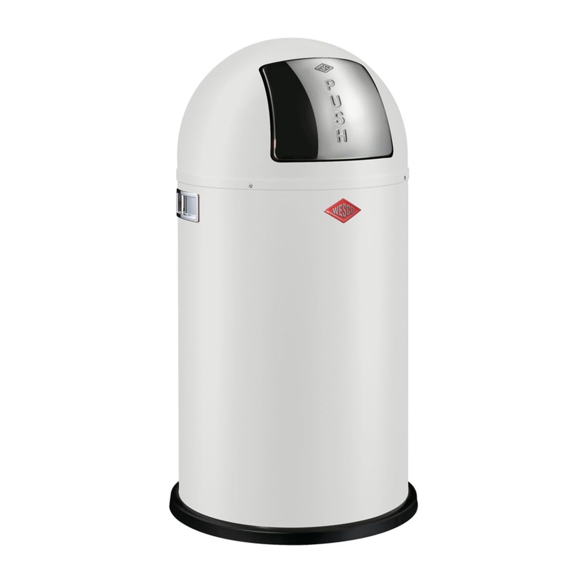 WESCO Pushboy Mülleimer in der Farbe weiß matt, pulverbeschichtetes Stahlblech, 50 Liter Volumen, große Edelstahlklappe, herausnehmbarer Innenbehälter