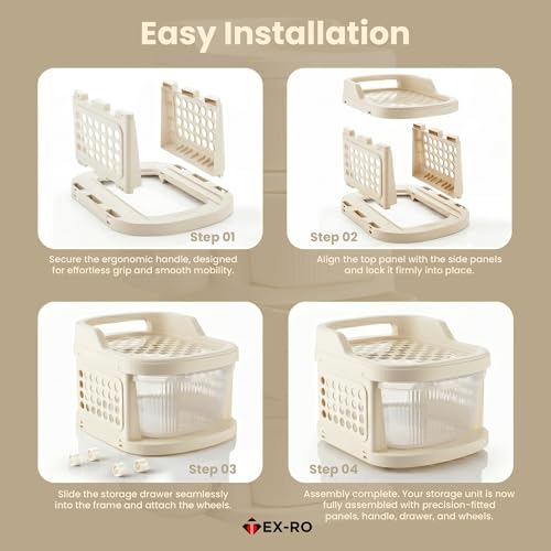 Image of TEX-RO 5 Layer Plastic Drawer Cabinet with Wheels & Side Hooks | Stackable Storage Trolley Organiser for Kitchen | Multipurpose Drawers Organisers Rack with Basket - Transparent And Ivory